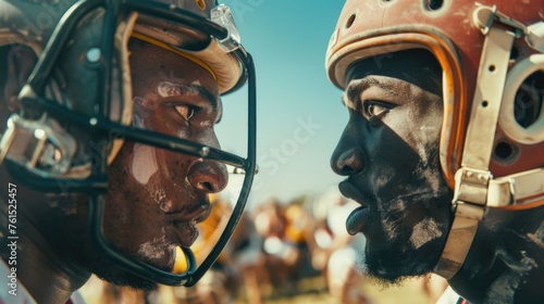 Two football players, one wearing a helmet