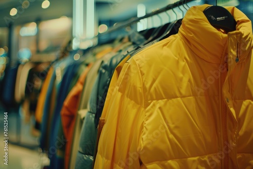 Yellow jacket hanging on a rack in a store. Suitable for retail or fashion concepts