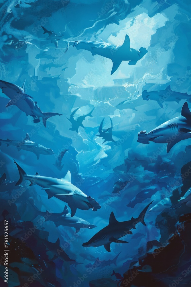 Fototapeta premium A group of hammerhead sharks swimming together in the deep ocean, showcasing their streamlined bodies and unique heads as they move through the water with agility