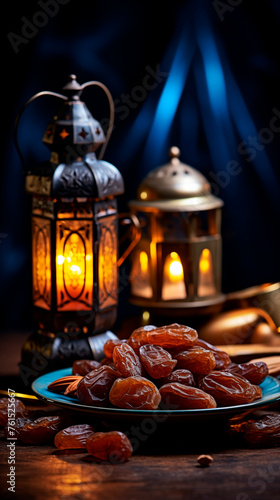 A lantern with a lit candle and a plate with dried dates. Dates on a saucer are ready to be eaten during Iftar. Islamic religion and Ramadan concept. Evening composition