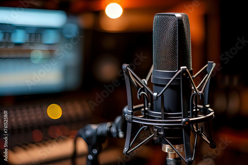 Close up of the microphone in the studio. AI technology generated image