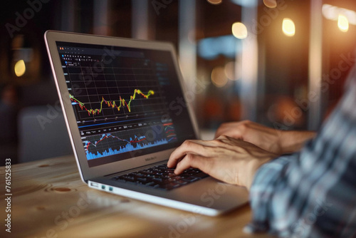 Stock trading investor trader broker using crypto exchange platform analyzing chart data on screen. Online investing money in financial market prices indexes analysis and forecast background.