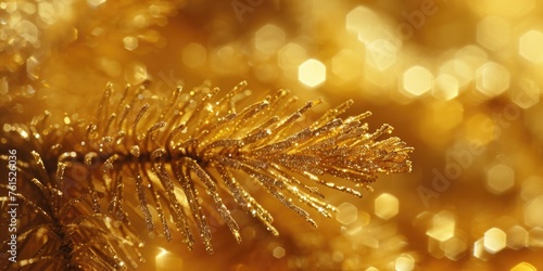 Festive close up of a Christmas tree with elegant gold decorations. Perfect for holiday backgrounds