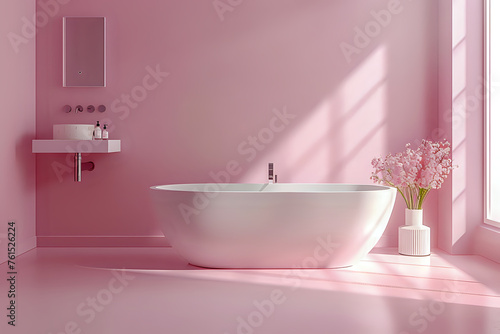 Modern Minimalist Bathroom with White Freestanding Bathtub in Pink Interior Design