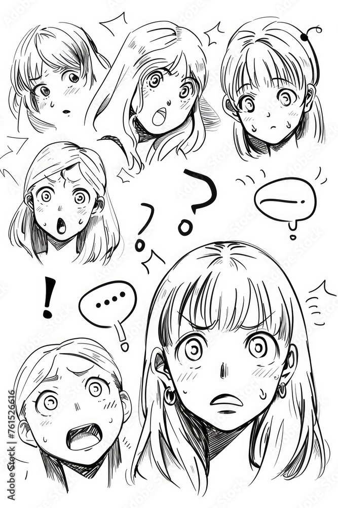 Drawing of a girl showing different emotions. Suitable for illustrating a range of feelings Drawing of a girl showing different emotions. Suitable for illustrating a range of feelings