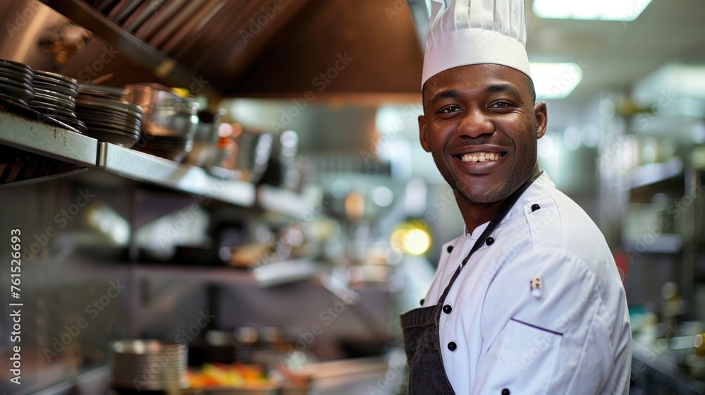 African American chef smiling in clean restaurant kitchen