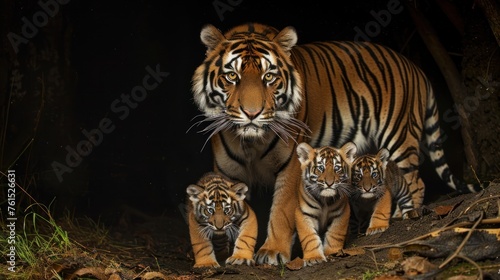 Siberian tiger group The female and her cubs slept together.