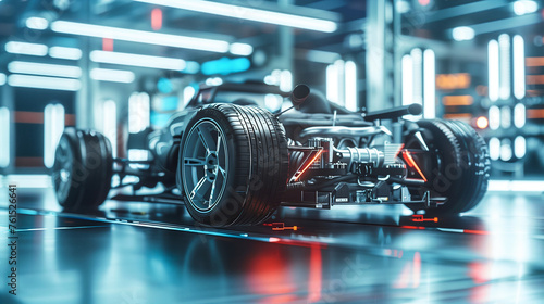 A racing car chassis is illuminated by overhead neon lights in a futuristic garage setting, emphasizing the sleek engineering and speed of high-performance motorsports