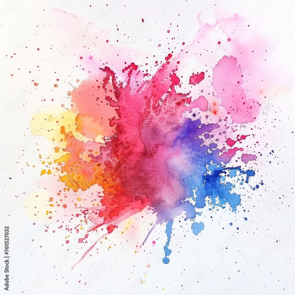 burst of watercolor in shades of pink, blue, and gold against a clean backdrop, illustrating the joyful unpredictability of art.