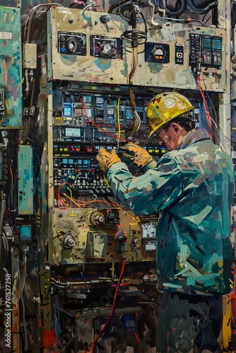 A painting depicting a technician conducting preventive maintenance on an industrial machine. The man is focused on his task, inspecting and repairing the intricate components of the machine