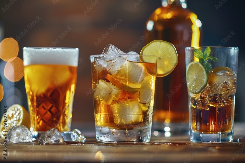 Three glasses filled with drinks on a table Three glasses filled with drinks on a table