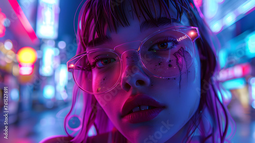 A side portrait set against neon city lights, with ample space for text or additional design elements