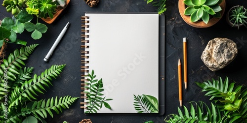 A notepad and pencil placed on a table among various lush green plants.