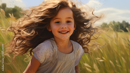 Little girl runs across field. Schoolgirl with long hair enjoys trip out of town. Laughing girl in summer dress