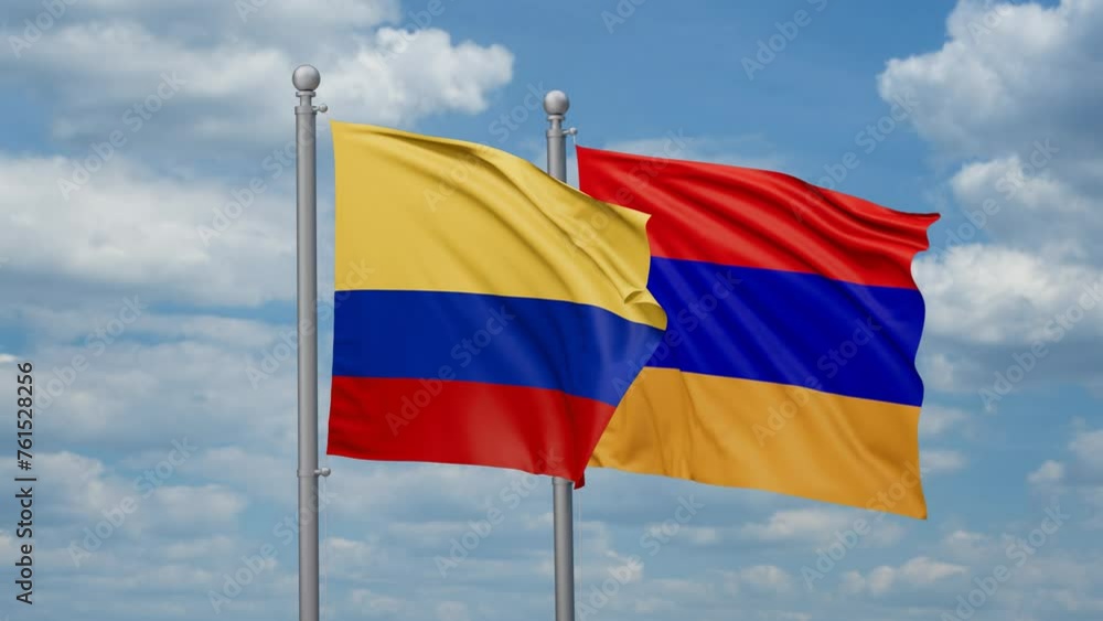 Armenia and Colombia two flags waving together, looped video, two country cooperation concept Armenia and Colombia two flags waving together, looped video, two country cooperation concept