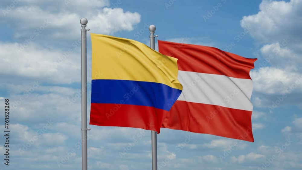 Austria and Colombia two flags waving together, looped video, two country relations concept Austria and Colombia two flags waving together, looped video, two country relations concept