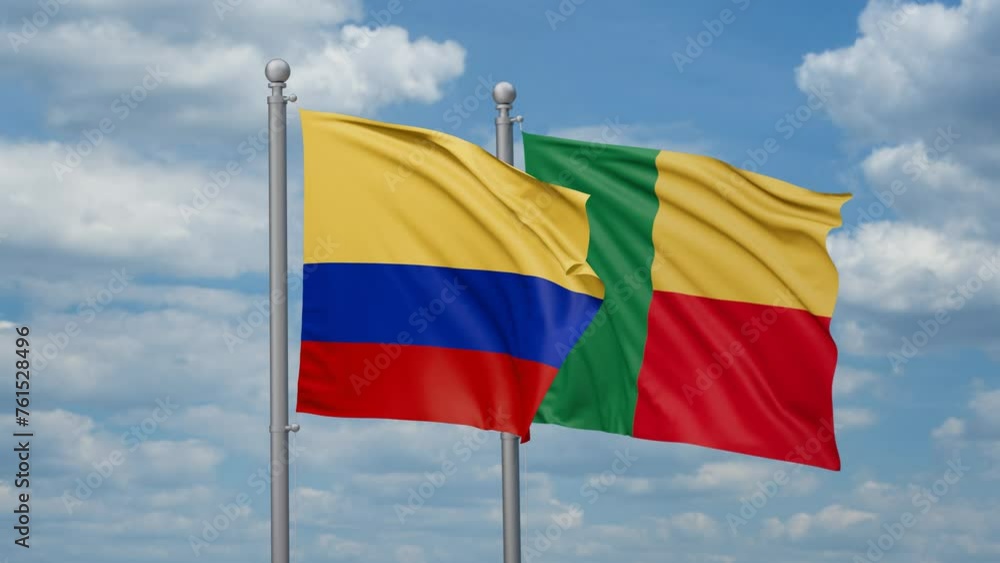 Colombia and Benin two flags waving together, looped video Colombia and Benin two flags waving together, looped video