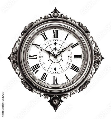 Clock ink sketch drawing, black and white, engraving style vector illustration