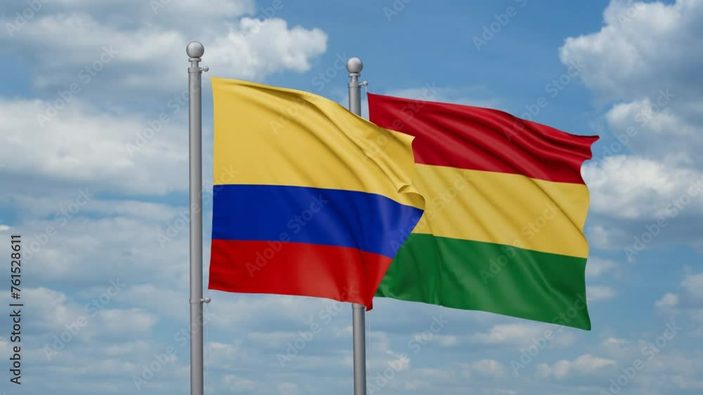 Bolivia and Colombia two flags waving together, looped video, two country relations concept Bolivia and Colombia two flags waving together, looped video, two country relations concept