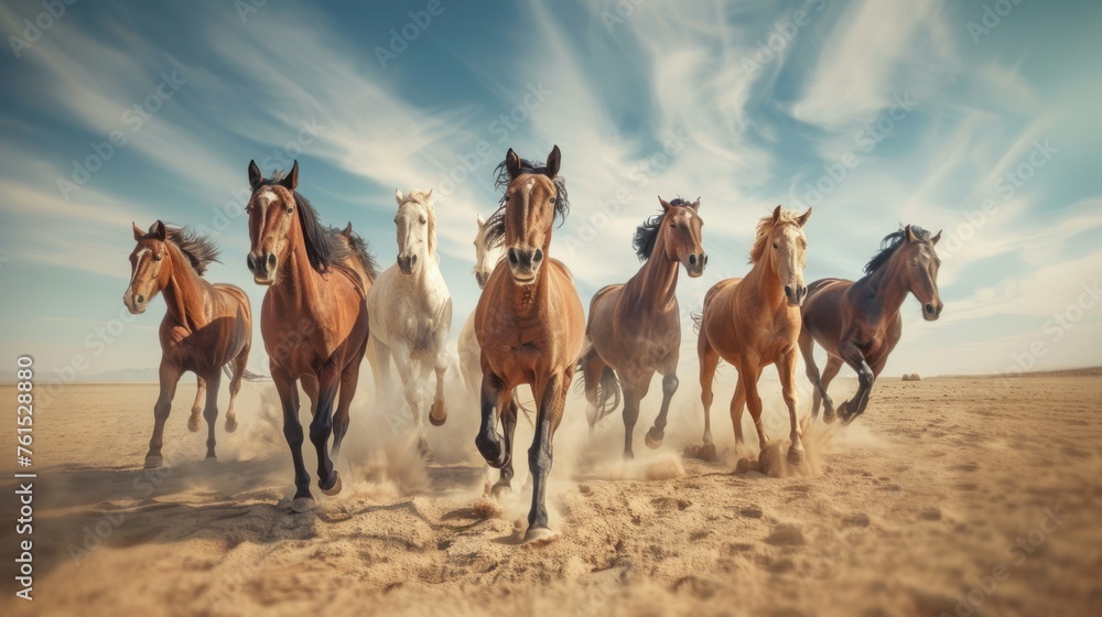 Fototapeta premium A group of large, beautiful and powerful horses running or galloping towards the camera in the desert