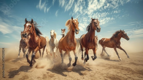 A group of large, beautiful and powerful horses running or galloping towards the camera in the desert