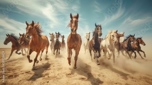A group of large, beautiful and powerful horses running or galloping towards the camera in the desert