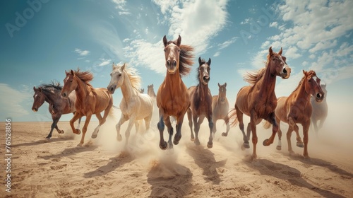 A group of large, beautiful and powerful horses running or galloping towards the camera in the desert © chutikan