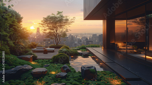Modern Terrace Garden Overlooking Cityscape at Sunset