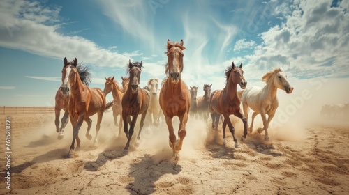 A group of large, beautiful and powerful horses running or galloping towards the camera in the desert © chutikan