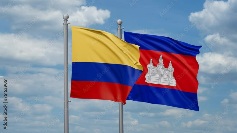 Cambodia and Colombia two flags waving together, looped video, two country relations concept Cambodia and Colombia two flags waving together, looped video, two country relations concept