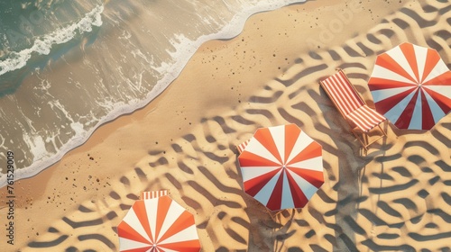 Top view of beach chairs and umbrellas, beachside, white, beautiful