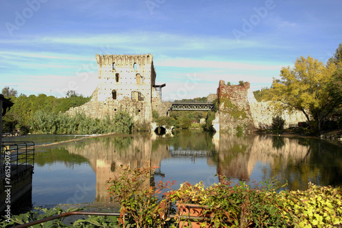 View from Borghetto over the Mincio river on the ancient medieval walls  Veneto  Italy