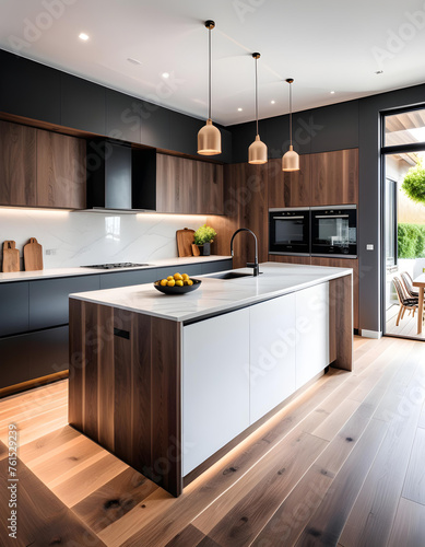 Beautiful new luxury home kitchen interior with kitchen island and wooden floor. Bright, modern, minimalist style. A chic color based on white. Counter seats with chairs.