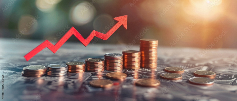 Financial business market money growth concept. Stacks of gold coins with rising arrow global economy prices increase, bank investment revenue. Stock exchange trading charts data background. Financial business market money growth concept. Stacks of gold coins with rising arrow global economy prices increase, bank investment revenue. Stock exchange trading charts data background.