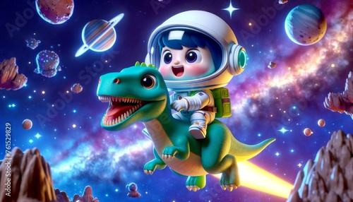 A fantasy of a cartoon astronaut joyfully riding a green dinosaur among a starry space backdrop with colorful planets.