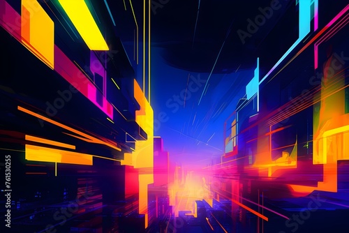 Colorful Neon Lights Illuminate Vibrant Digital of Abstract Cityscape from Above