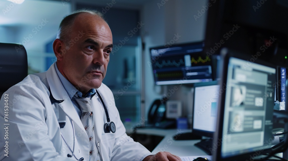 Doctor in clinic workspace conducting web consultation. Doctor in clinic workspace conducting web consultation.
