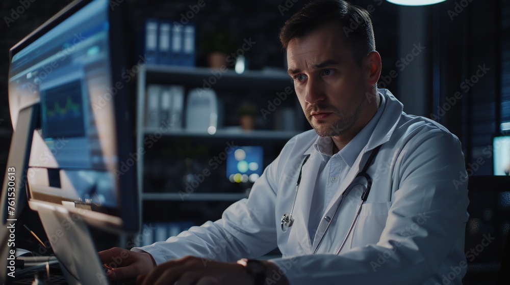 Fototapeta premium Doctor in clinic workspace conducting web consultation.