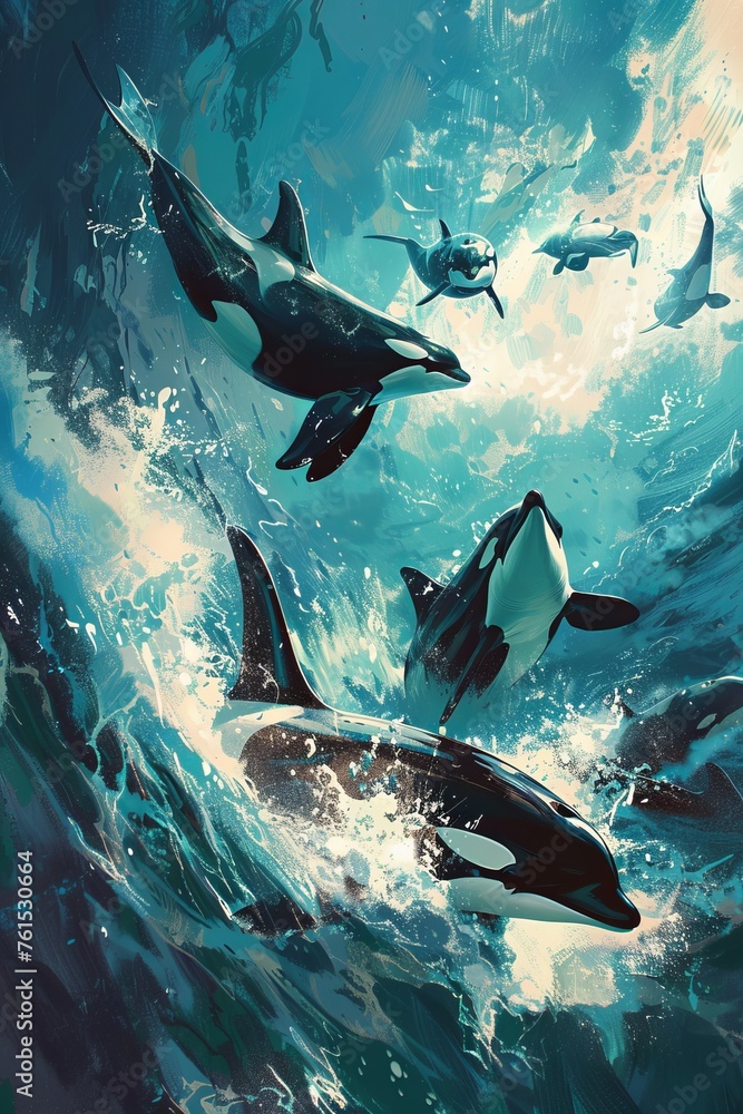 A pod of orcas, also known as killer whales, swimming together in the ...