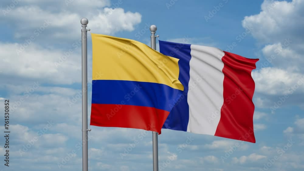 France and Colombia flags waving together, looped video, two country relations concept France and Colombia flags waving together, looped video, two country relations concept