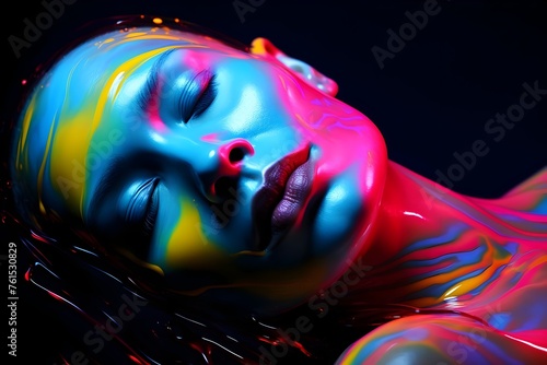Neon Dream: A Woman's Face and Body Adorned with Vibrant Liquid Paint in a High Contrast Studio Portrait
