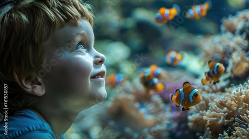 A Little child looking at fish in an aquarium