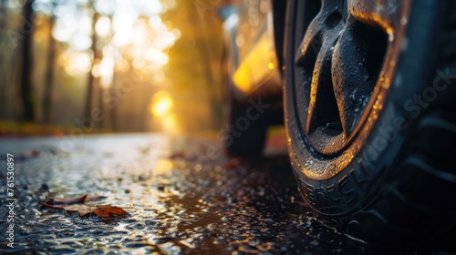 Image of car tires and wet road conditions photo