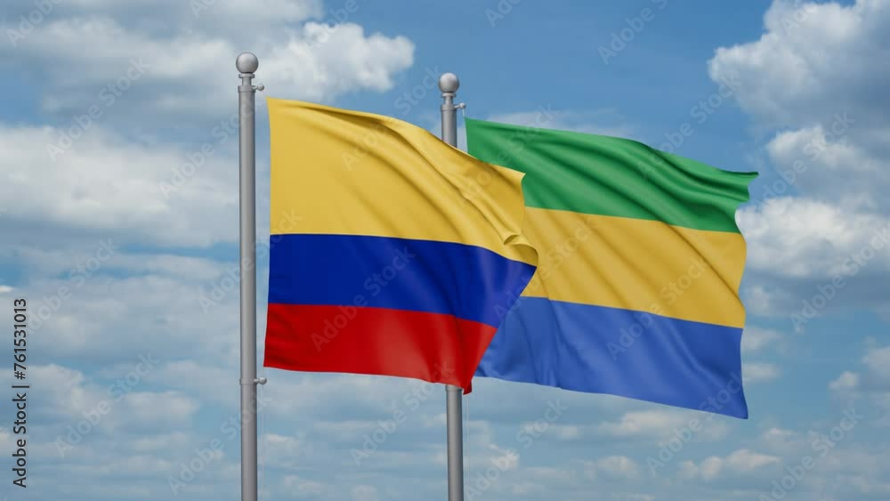 Gabon and Colombia two flags waving together, looped video, two country relations concept