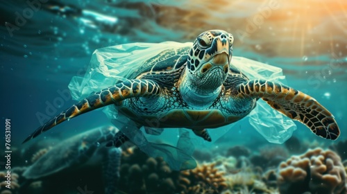 Sea turtles in clear plastic bags are caused by trash and pollution from a damaged environment.