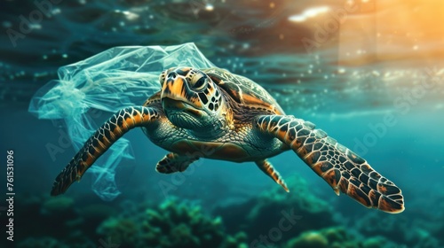 Sea turtles in clear plastic bags are caused by trash and pollution from a damaged environment.