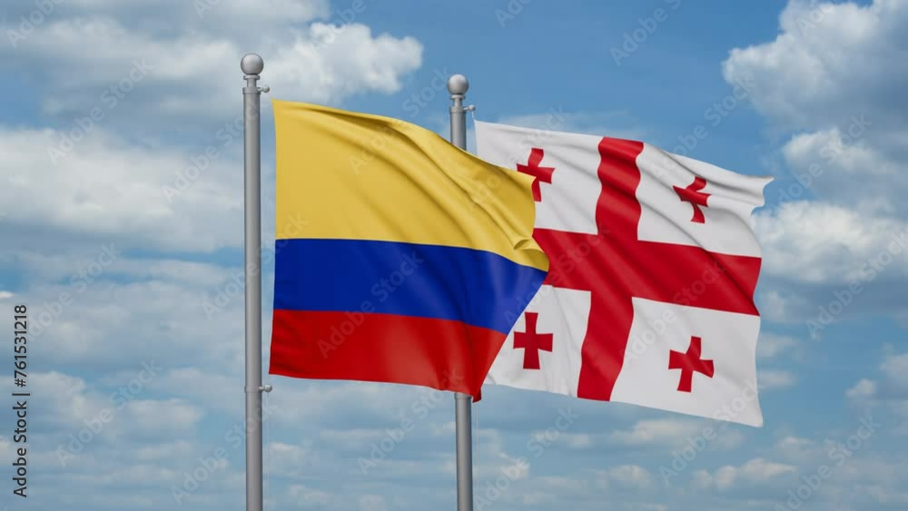 Georgia and Colombia two flags waving together, looped video, two country relations concept Georgia and Colombia two flags waving together, looped video, two country relations concept