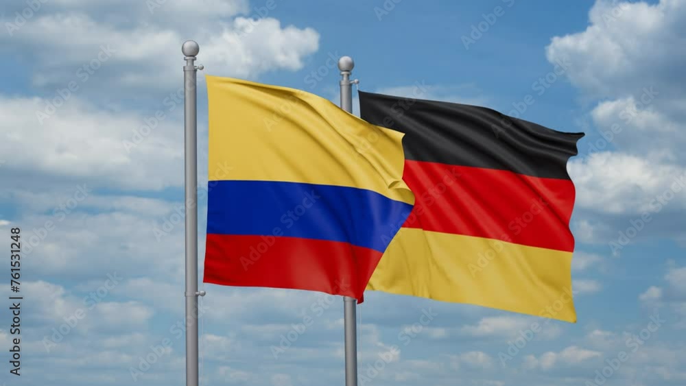 Germany and Colombia two flags waving together, looped video, two country relations concept Germany and Colombia two flags waving together, looped video, two country relations concept
