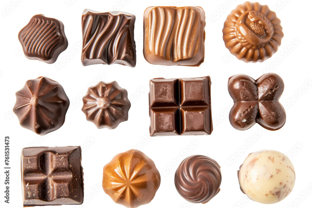 Various of chocolate pralines from top view isolated on background, collection tasty sweet dessert chocolate, piece of dark chocolate. Various of chocolate pralines from top view isolated on background, collection tasty sweet dessert chocolate, piece of dark chocolate.