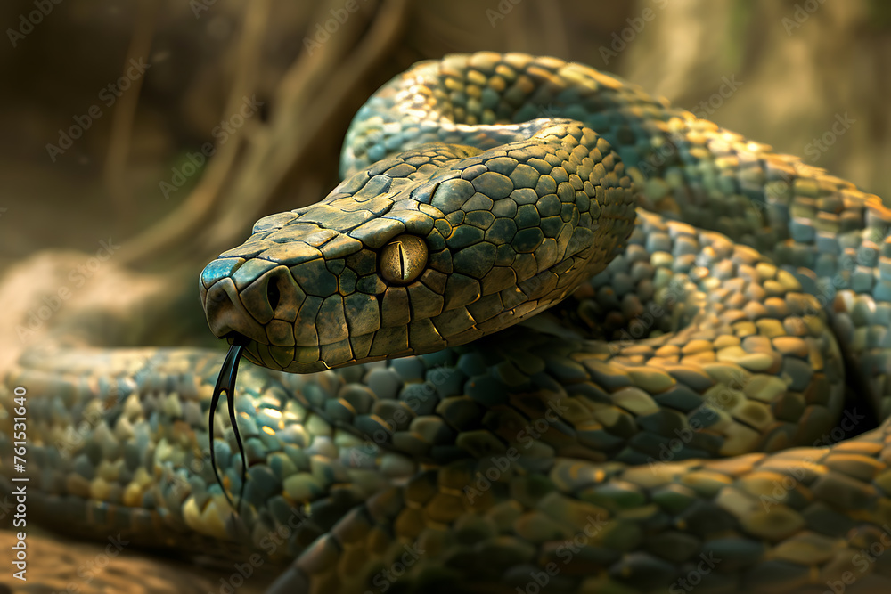 A mystical and enchanting image of a large, magical snake, shimmering with iridescent scales, embodying the allure and mystery of mythical creatures. A mystical and enchanting image of a large, magical snake, shimmering with iridescent scales, embodying the allure and mystery of mythical creatures.